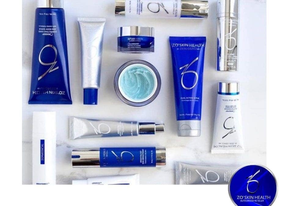 ZO Skin Health blue and white skincare product collection flatlay