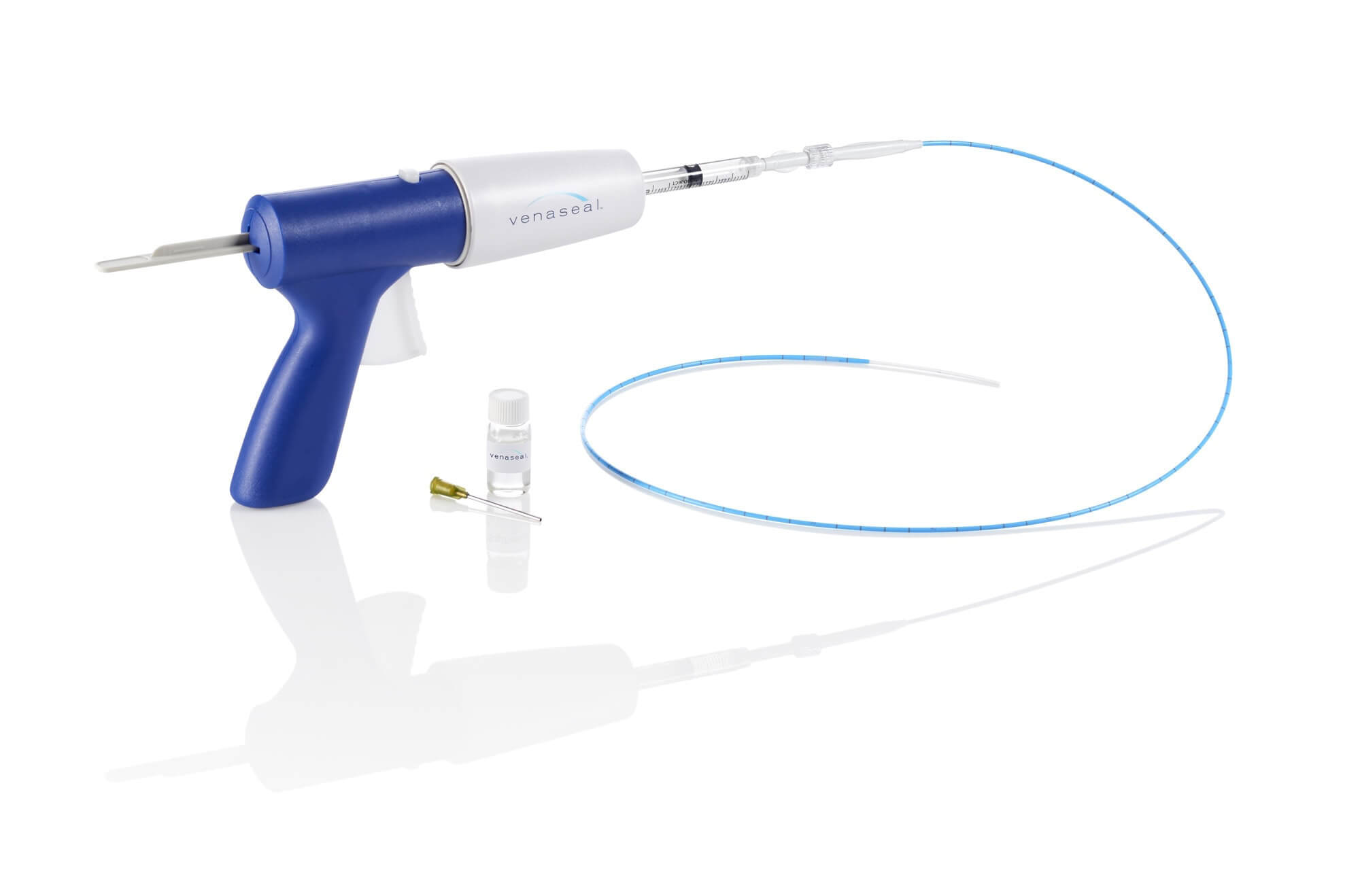RejuvaMed Health & Wellness | Vein Treatments Venaseal medical device with blue applicator gun and catheter