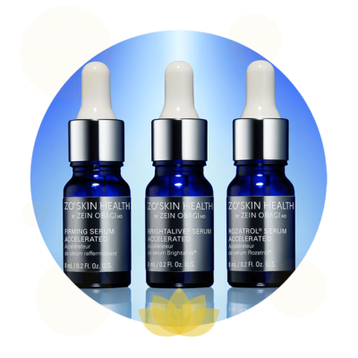 Three ZO Skin Health serum bottles with dropper caps displayed