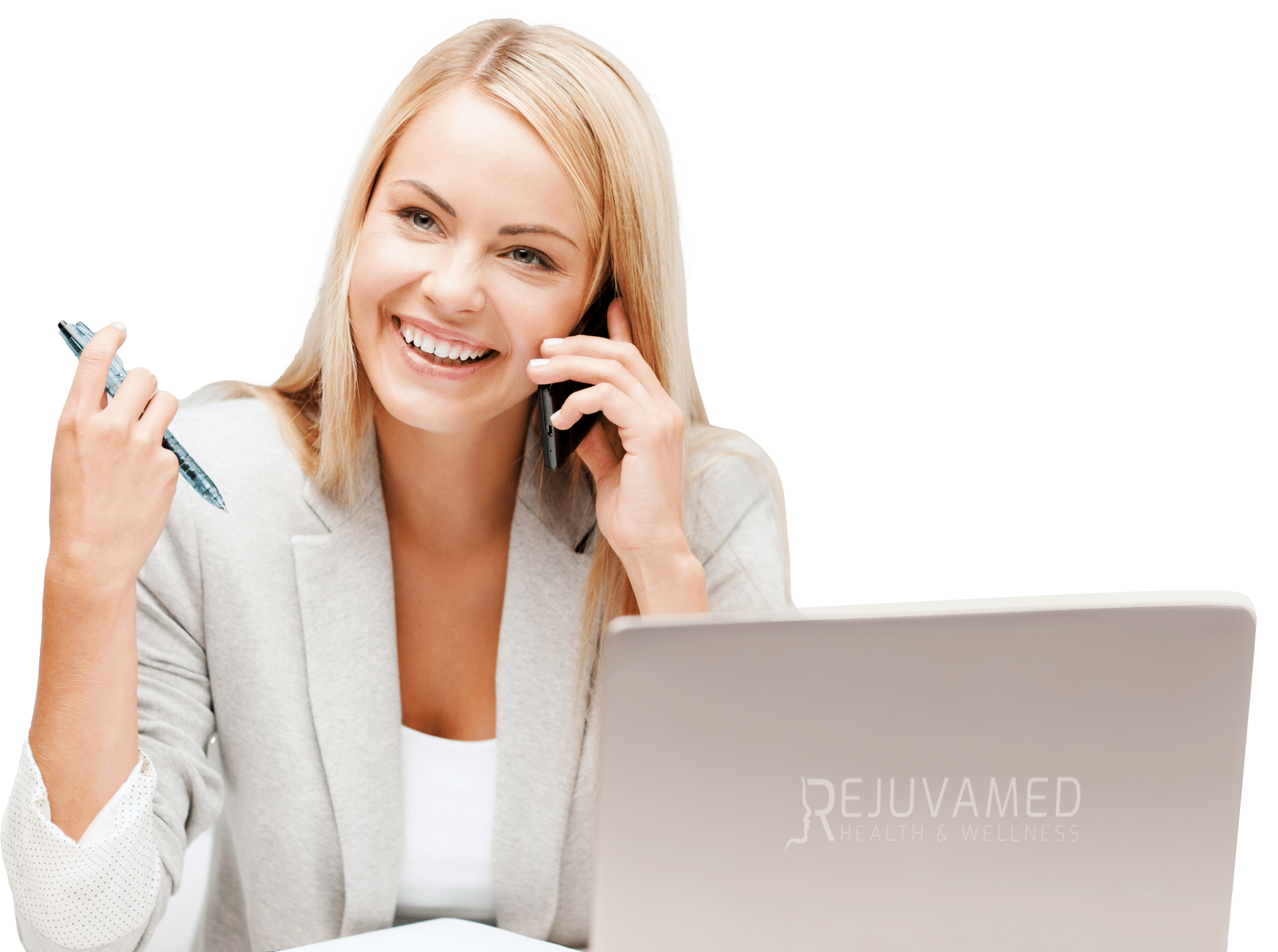 Smiling businesswoman on phone with laptop and pen