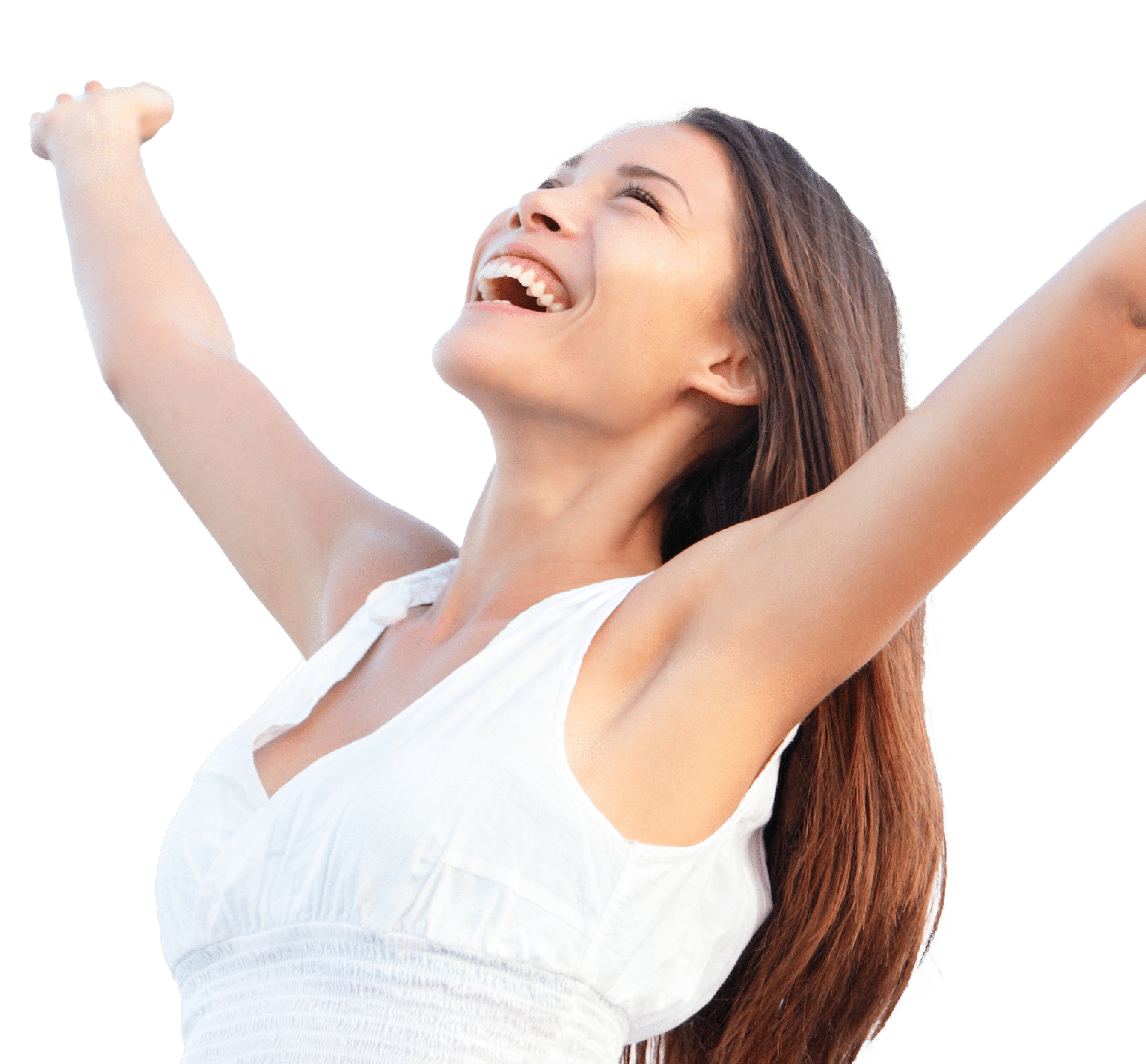 Woman with arms raised celebrating with joyful smile
