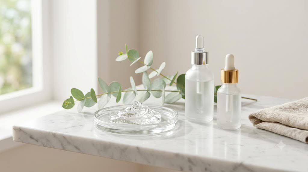 Skincare serums and hyaluronic gel on a marble shelf