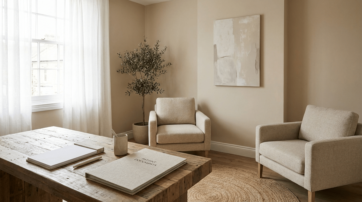 A consultation desk at a UK aesthetics clinic, reflecting the discussion clients should have before booking treatment