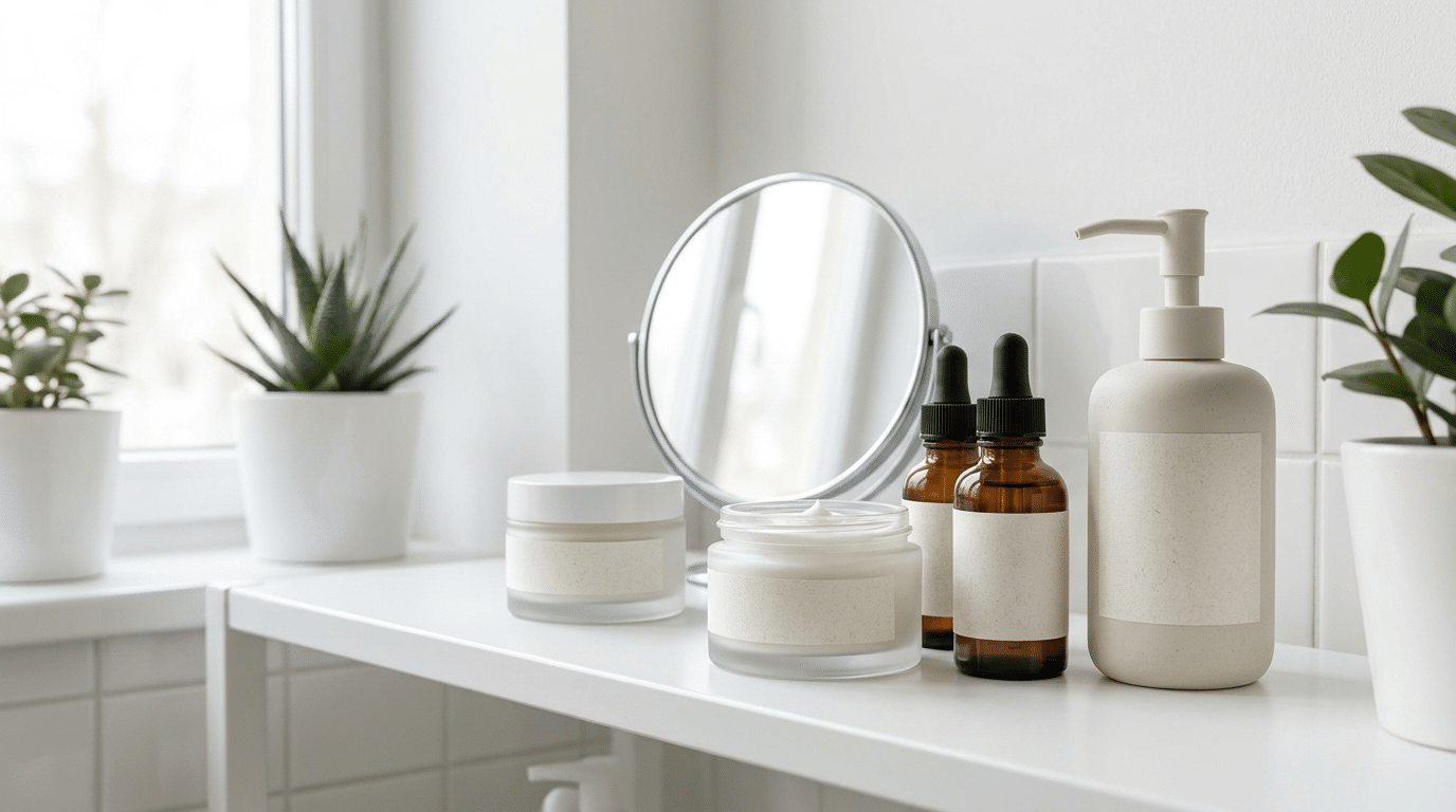 Aftercare skincare on a clinic shelf following a polynucleotide appointment
