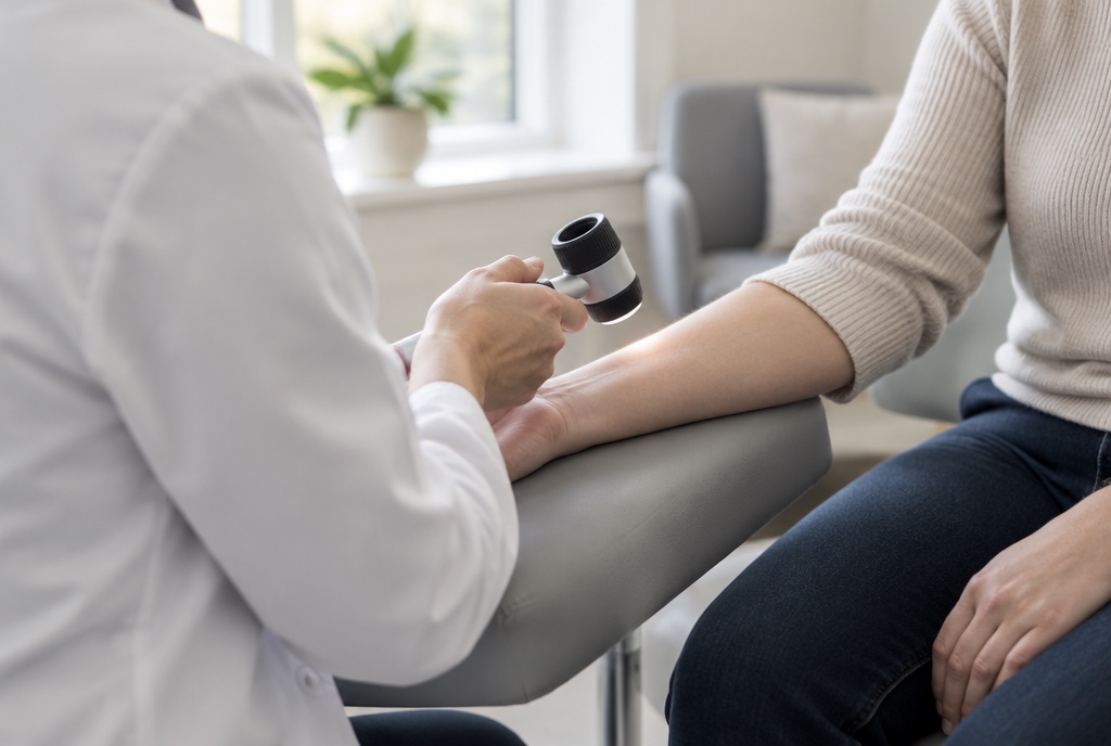 clinician examining a patient's forearm with a dermatoscope during a skin consultation