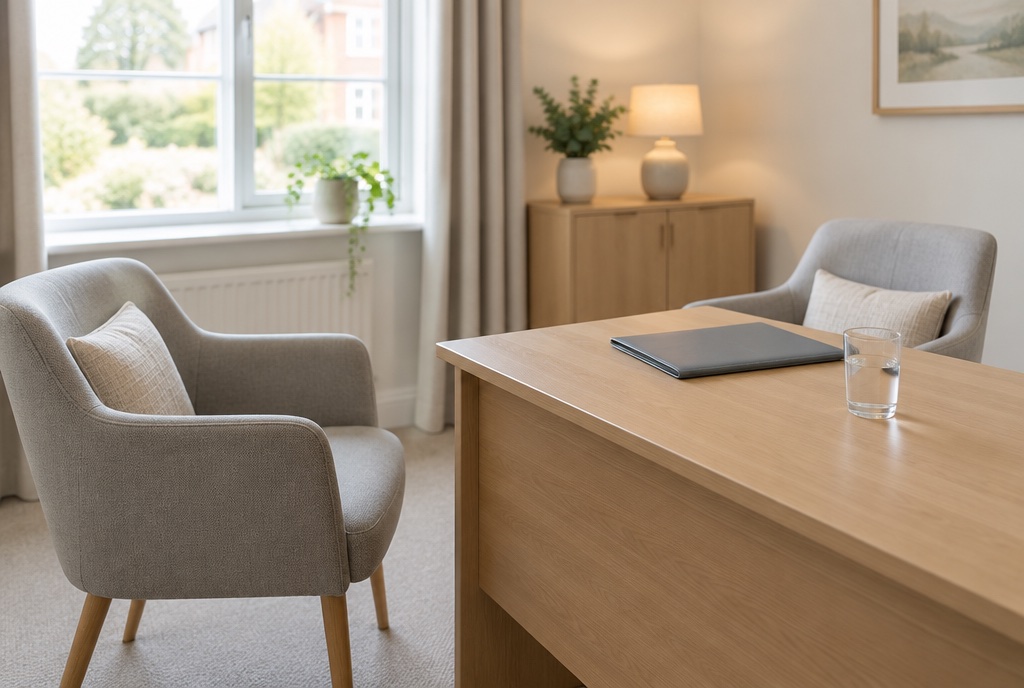 empty consultation room with two chairs and a desk in soft daylight