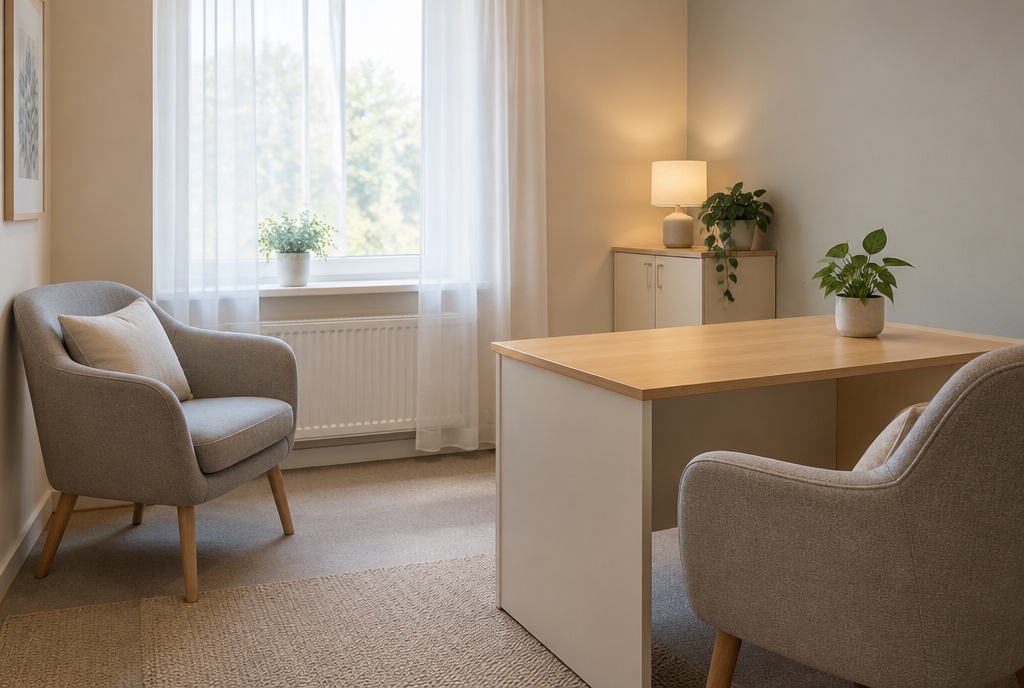calm consultation room with two chairs and a desk